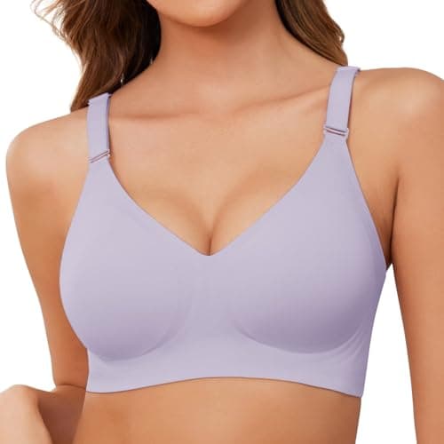 Image of Lonya Bras for Women Push Up Seamless Non Wired Support Full Coverage Ladies V Neck Wireless Bra Comfort Adjustable Padded Zero Feel Bralettes, Purple, XL