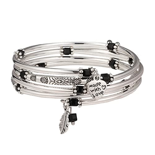 Image of FULU AUTUMN Silver Bangle Pearl Stacking Bracelets Boho Handmade Wrap Bracelet Fashion Jewellery Gift for Women(57-Black)