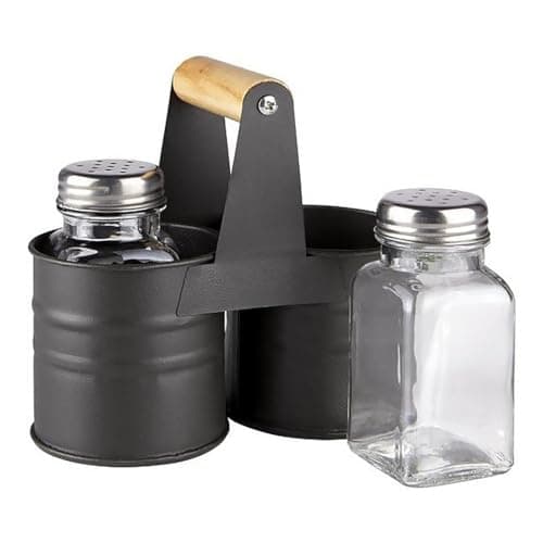 Image of GEEZY Glass Salt and Pepper Shakers Set with Metal Stand - 3 Piece Cruet Set with Carry Handle, Stainless Steel Lids, Refillable Seasoning Pots - Kitchen Essentials for New Home, Kitchen, Restaurant