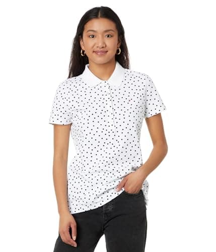 Image of Tommy Hilfiger Women's Dot Print Quarter Button Polo Top, Bright White/Sky Captain, M