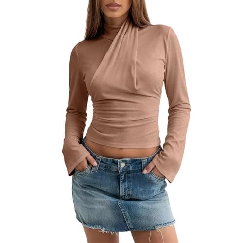 Image of Long Sleeve Tee Shirts for Women | Mock Neck | Ruched Spring Shirt Blouse Cropped Tee Top,for Everyday Wear Party Brown S