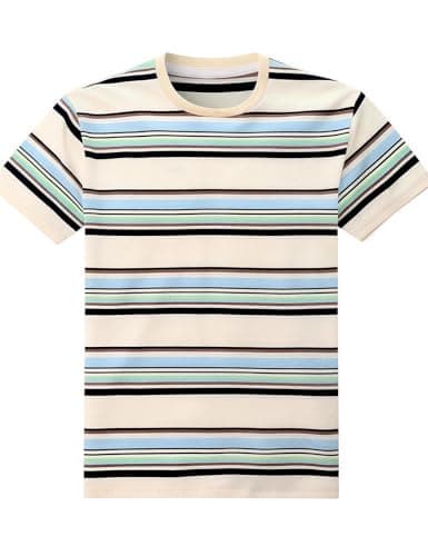 Image of Funny World Men's Cotton Striped T-Shirt Crew Neck Short Sleeves Basic Casual Top, 301 Beige, Large