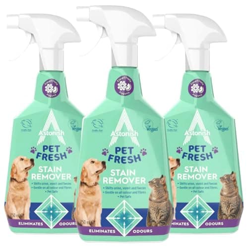 Image of Astonish Pet Fresh Stain Remover 750ml x3 Trigger Spray Removes Pet Urine, Vomit & Faeces Safe for Pets & All Fabrics Eliminates Odours Carpet, Upholstery & Household Cleaner
