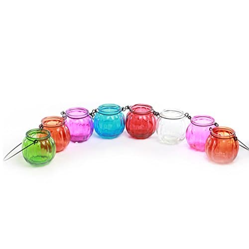 Image of GOLDBEARUK Glass hanging lanterns X8 different coloured glass tealight holders with handles