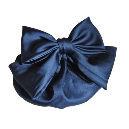 Image of Fabric Large Bow Hair Net, Non-slip Mesh Hairpin Satin Bow Crochet Hairnet, Bowknot Hair Snood Net Cover(Navy Blue)