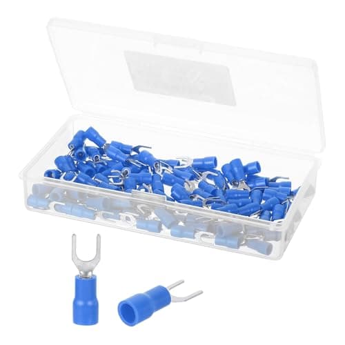 Image of sourcing map Insulated Fork Spade Connectors, 22-16AWG SV1.25-4 U-Type Tinned Copper Waterproof Fork Crimp Terminals Connectors for Industrial Electrical Marine Wiring, Pack of 100 (Blue)