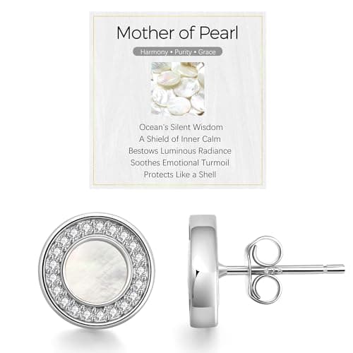 Image of JENDEAR Mother of Pearl Stud Earrings for Women 925 Sterling Silver 5A Cubic Zirconia Hypoallergenic Natural Gemstone Round Studs, Diameter 10mm, with Quote Card and Gift Box (Silver)