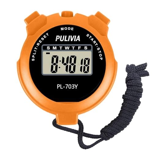 Image of PULIVIA Sports Stopwatch Timer Lap Split Digital Stopwatch with Clock Calendar Alarm, Large Display Shockproof Stop watch for Sports Coaches Swimming Running, Orange (PL-703Y)