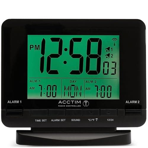 Image of Acctim Delaware Digital Alarm Clock Radio Controlled Dual Couples Alarm Date & Temperature Display Black