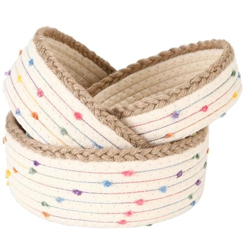Image of Sea Team 3-Pack Small Cotton Rope Storage Basket Set - Portable Round Organizers with Jute Braid for Small Items, Keys, Makeup & Trinkets