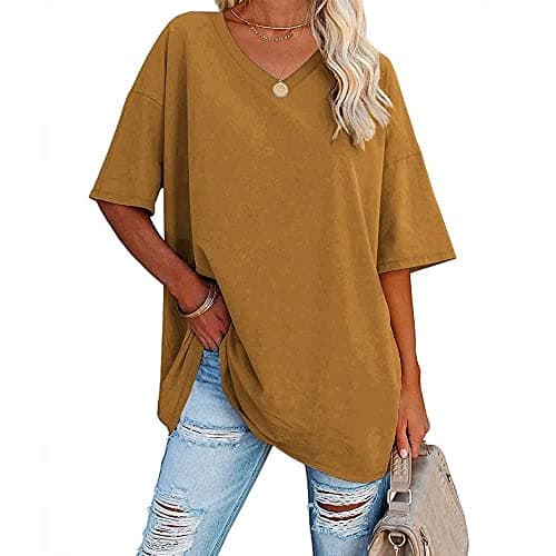 Image of Famulily Plain Tunic Tops for Women's Summer Loose Casual V Neck Half Sleeve Baseball T Shirt (M, Dark Yellow)