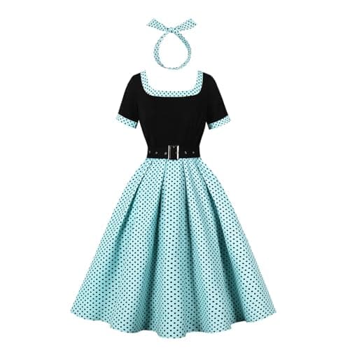 Image of Odizli 1940s Dresses for Women 1950s 50s 40s Vintage Rockabilly 1960s Retro Style Ladies Fancy Summer Short Sleeve Polka Dot Swing A Line Cocktail Tea Dress + Headband Costume Outfits Green L