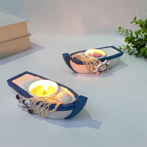 Image of COMZPLIFE 2Pcs Sea Boats Tealight Candle Holder for Home Decor, Dining Table, Living Room, Coffee, Table Centerpiece(Pirate Ship，Fishing-Boat)