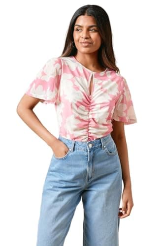 Image of Dorothy Perkins Petite Pink Floral Keyhole Ruched Front Angel Sleeve Jersey Mesh Top, 12, Pink