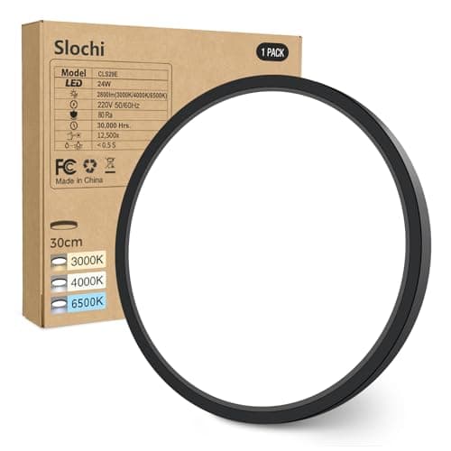 Image of slochi Bathroom Light, 3000K/4000K/6500K 3 Color Temperature, Waterproof IP54, Small, Round, Modern, Flush Ceiling Light for Bathroom, Kitchen, Bedroom, Hallway and MoreØ30CM(Black)