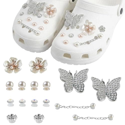Image of Crystal Diamond Croc Charms, 20-Piece Set, Glitter Shoe Accessories for Adults & Kids, Silver Butterfly, Pearl, and Five-Leaf Flower Shoe Decorations, Bling Charms for Girls and Women