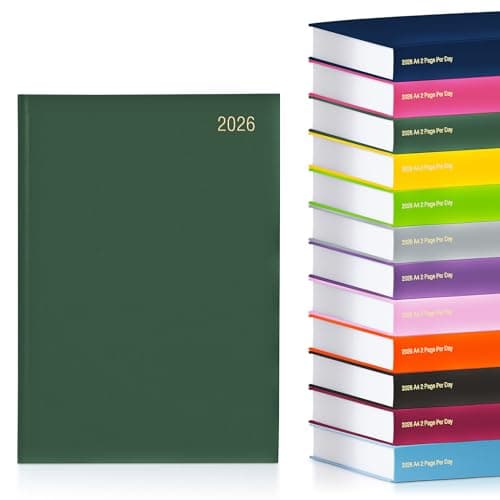 Image of evelay 2026 A4 2 Page Per Day Diary - Hardback Daily Planner Organiser - Large Writing Space for School Home Office & Personal Use (A4, Bottle Green)
