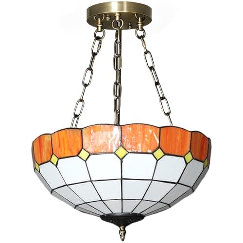 Image of HOMCOM 34 cm Tiffany Style Ceiling Light, Vintage Stained Glass Chandelier with 3 E27 Sockets, Semi Flush Mount Pendant Light for Living Room, Bedroom, Hallway, Bulbs Not Included, Orange and White