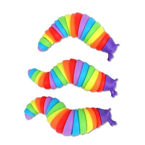 Image of Penitue 3pcs Soft Rainbow Slug Fidget Toy - Portable Caterpillar Attention Focus Items, Quiet Toy for Airplane Travel, Road Trips, Restaurants and Bucket List Activities