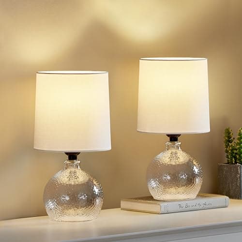 Image of GyroVu Table Lamp Set of 2, Glass Table Lamp for Bedside, Small Nightstand lamp with Glass Base and White Fabric Shade for Bedroom Living Room Decoration