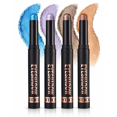 Image of 4 Colors Metallic Eyeshadow Stick Set – Blue, Lavender Purple, Taupe Brown & Nude Bronze, Cream Creamy Retractable Eye Shadow Pencil, Waterproof Long Lasting Shimmer Smokey Makeup for Women
