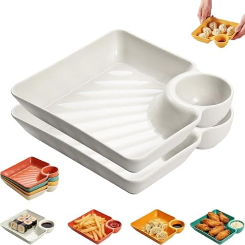 Image of AddLuck 2 PCS Serving Plates with Dipping Saucer, Dipping Plates, Chip and Dip Serving Set, Square Divided Vinegar Dish Chip and Dip Bowl, Divided Dish with Sauce Divider, White and Serving Platter