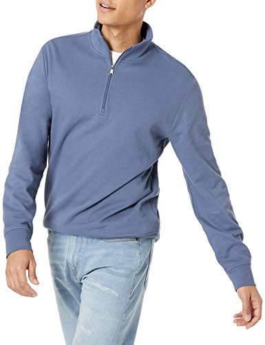 Image of Amazon Essentials Men's Lightweight French Terry Quarter-Zip Mock Neck Jumper, Indigo, XS