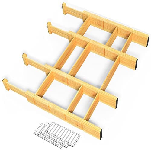 Image of SpaceAid Bamboo Drawer Dividers with Inserts and Labels, Kitchen Adjustable Drawer Organizers, Expandable Organization for Home, Office, Dressers, 4 Dividers with 9 Inserts (13.25-17 in)