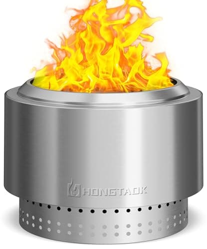 Image of HongTaok Smokeless Fire Pit with Removable Ash Pan, Fire Pits for Garden Wood Burning, Portable Camping Firepit, for Backyard Patio, Stainless Steel, Waterproof Bag & Poker Included, 50 x 38cm, Silver