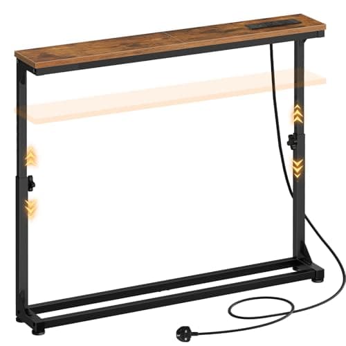 Image of HOOBRO Slim Console Table with Adjustable Height (63.5-83.5 cm), Behind Sofe Table with Charging Station, 100 cm Narrow Console Table for Hallway, Living Room, Bedroom, Rustic Brown EBF95KXG01