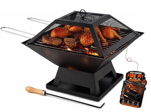 Image of Evokk Square Fire Pit with BBQ Grill Heater Outdoor Garden Black Barbeque Metal Brazier Patio Decor Firepit Stove Portable Heat Mesh Cover for Camping or Picnics