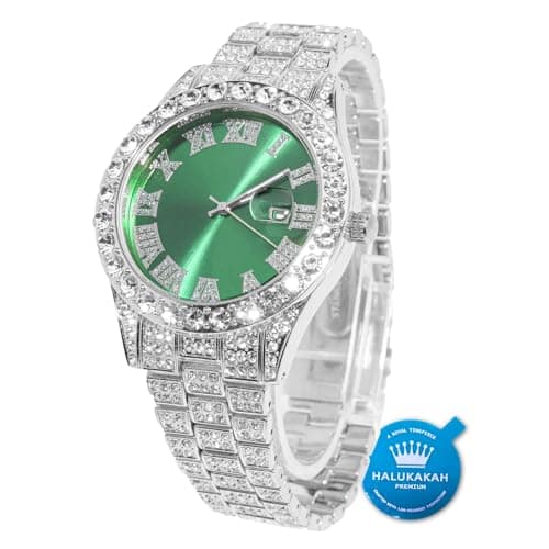 Image of HALUKAKAH Diamonds Gold Watch Iced Out, Men's Platinum White Gold Plated 42MM Width Green Dial Quartz Wristband 24cm, Free Giftbox