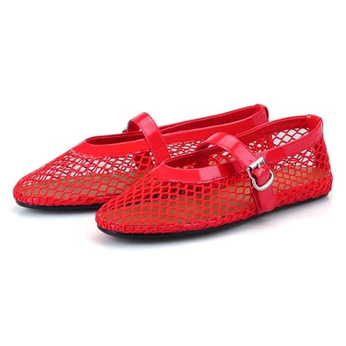 Image of Lockenstab Mesh Ballet Flats for Women Fishnet Ballerina Flats Buckle Strap Mesh Ballet Shoes Wide Width Casual Summer Dress Flat Shoes(Red,3 UK)