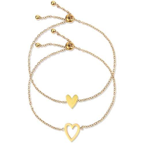 Image of 2pcs Matching Heart Bracelets, Gold Plating Delicate Love Friendship Chain Adjustable Jewelry Bracelets Heart Bracelet Set Gift for Women as Prom Accessories Anniversary (Gold)