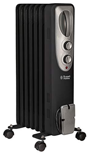 Image of Russell Hobbs 1500W/1.5KW Oil Filled Radiator, 7 Fin Portable Electric Heater - Black, Adjustable Thermostat with 3 Heat Settings, Safety Cut-off, 15 m sq Room Size, RHOFR5001B, 2 Year Guarantee