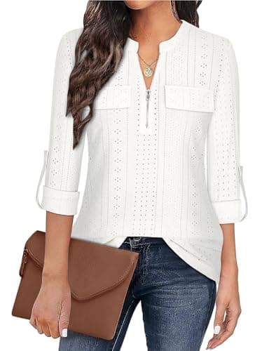 Image of Gemulate Long Sleeve Tops for Women Ladies Plus Size Blouses with Zip Three Quarter Sleeve Green Tops for Women V Neck Polo T Shirts Tunic Top for Leggings White XXXL