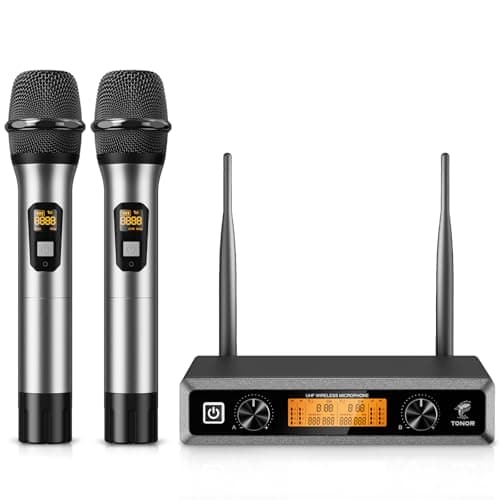 Image of TONOR TW820 Wireless Microphones, Metal Dual Professional UHF Cordless Dynamic Mic, Handheld Mic System with Receiver for Home Karaoke, Meeting, Party, Church, DJ, Wedding, Singing, 60 m, Silver