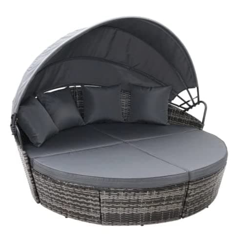 Image of EVRE Bali 3 Piece Modular Round Rattan Wicker Patio Garden Furniture Daybed Sun Lounger Set with Extendable Canopy and Conversation Seat Cushions (Mixed Grey)