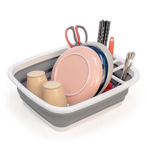 Image of SAMMART 8L Collapsible Dish Drainer - Foldable Drying Rack - Portable Dinnerware Organizer - Space Saving Kitchen Storage Tray (White/Steel Grey)