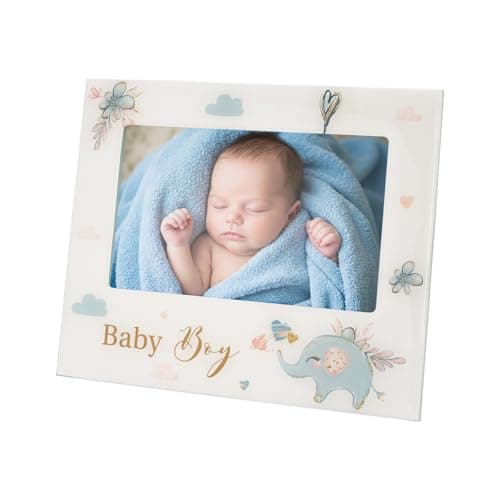 Image of Happy Homewares Baby Boy Baby Picture Frame with Duck Egg Blue Elephant and Hearts | 6x4 Picture Insert | For Table or Wall Hanging
