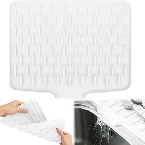 Image of RZCOMP Silicone Draining Mat,Silicone Dish Drying Mat Non-Slip Sink Drainer Mat,No-Spill Mat & Heat Resistant Folding Draining Board Mat for Campervan Kitchen Counter,Sink (White)