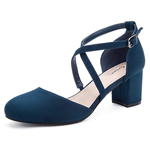 Image of Greatonu Womens Court Shoes Mid Heel Chunky Dress Sandals Ladies Ankle Strap Wedding Party Pumps Blue Size 7