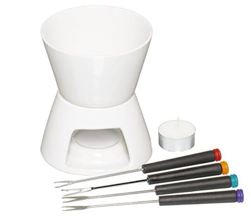 Image of KitchenCraft Chocolate Fondue Set in Gift Box, with Four Stainless Steel Forks and Tealight Candle, Ceramic Bowl and Stand, Ideal for Parties and Dipping Sweets, Fruit or Biscuits, White