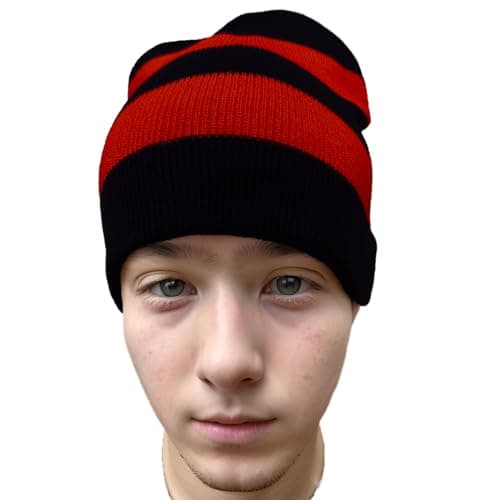 Image of COUVER Striped Knit Warm Beanie with or Without Pom Pom Winter Hats, Black/Red, One size