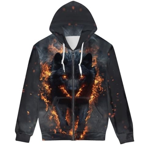 Image of GLUDEAR Men Cool Wolf 3D Digital Print Full Zip Up Hoodie Jackets Pullover Hooded Sweatshirt, Flame Black Wolf, M