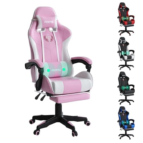 Image of PORIYA Gaming Chair with Adjustable Backrest, Ergonomic Executive Office Chair, Height Adjustable Racing Chair Maximum Gaming Experience (Pink&White)
