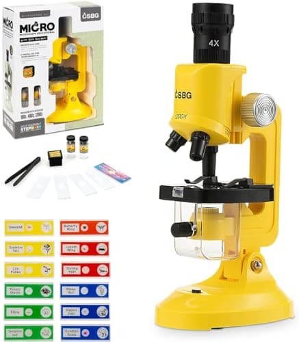 Image of Kids Microscope, Microscope for Kids Portable Microscopes Kid Educational Science Kit for Kid Beginner Microscopes 100X 400X and 1200X Incl Sample Prepared Slides 12pcs Educational Toy, Yellow