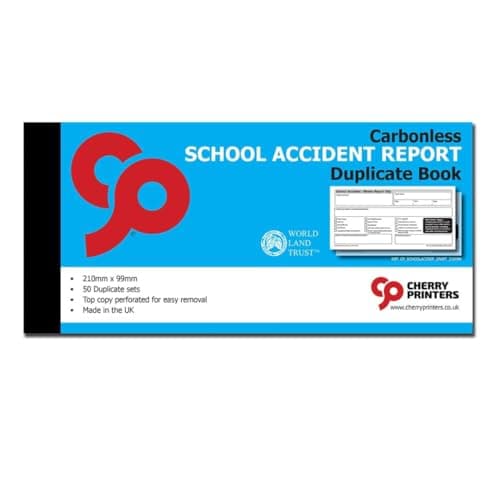 Image of Cherry Printers Carbonless School Accident Report Duplicate Book GDPR | 99mm x 210mm | 50 2part Sets | Both Copies Perforated | Ideal for Schools, Nurseries & Childcare Providers