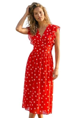 Image of Roman Frill Dress for Women UK Ladies Summer Wrap Chiffon Frill Hem Layered Belted Midi Maxi Tiered Cape Special Occasion Fit & Flare Wedding Guest Swing Skater - Red White - Size 16