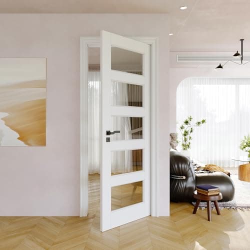 Image of 30" x 80" Slab Door, 5-Panel Pre-Assembled Clear Glass Interior French Door Slab, Solid Core & Pre-Finished Single Panel for Pantry Bedroom Closet as Pocket, Bifold, Barn Doors-Shaker w/o Hardware